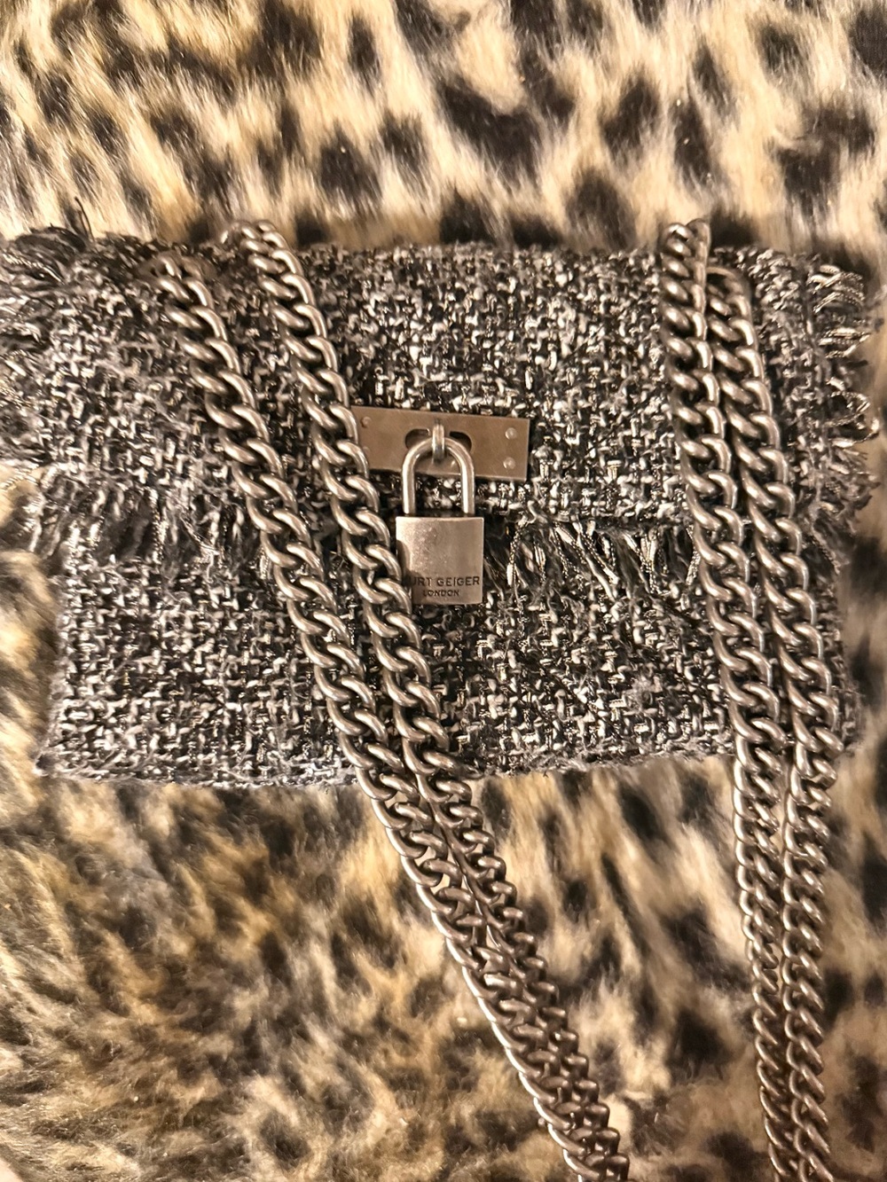 Kurt Geiger Black & Silver Tweed Chain Crossbody Bag